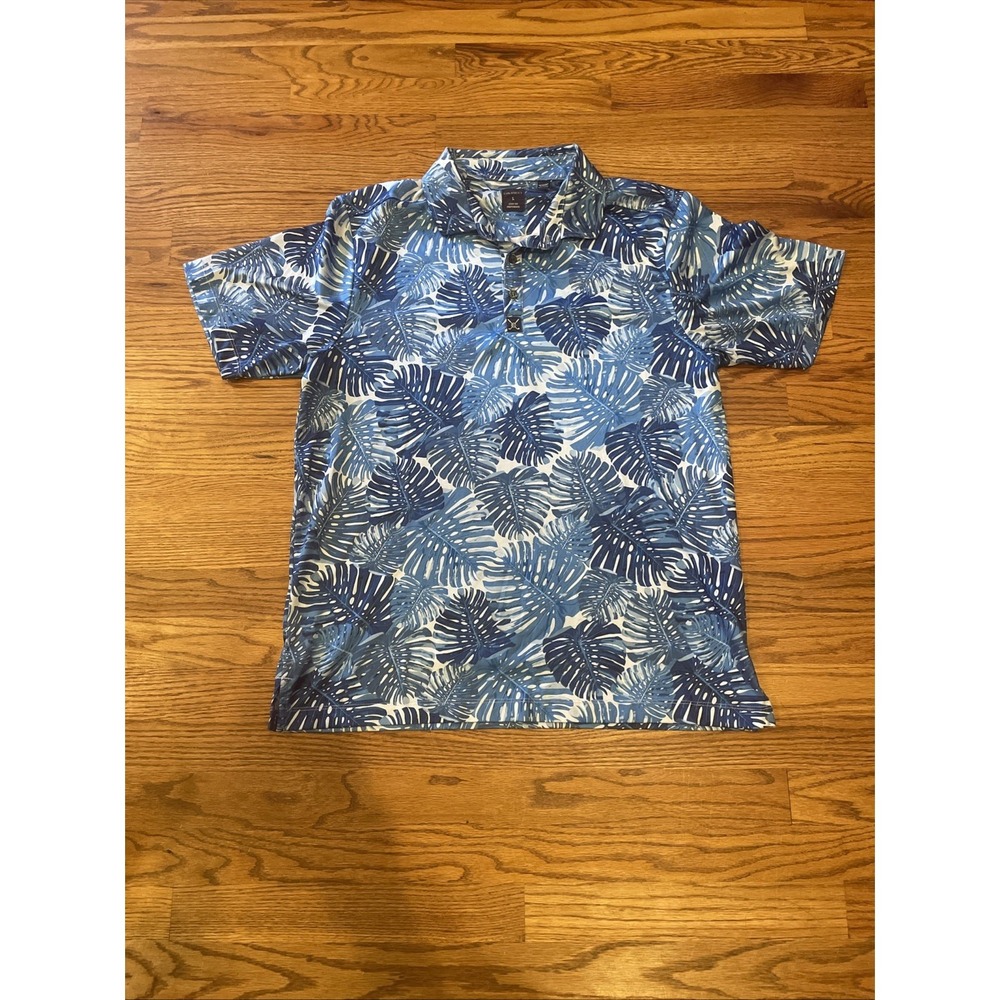 Construct Men's Golf Polo‎ Blue AOP Palm Frond Pattern Polyester Stretch Large